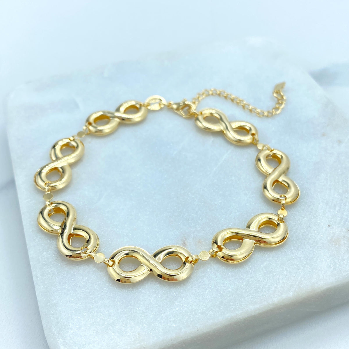 18k Gold Filled Linked Puffed Infinity Symbol (that move) Bracelet, 7 Inches Long with Extender, Infinity Bracelet, Wholesale Jewelry
