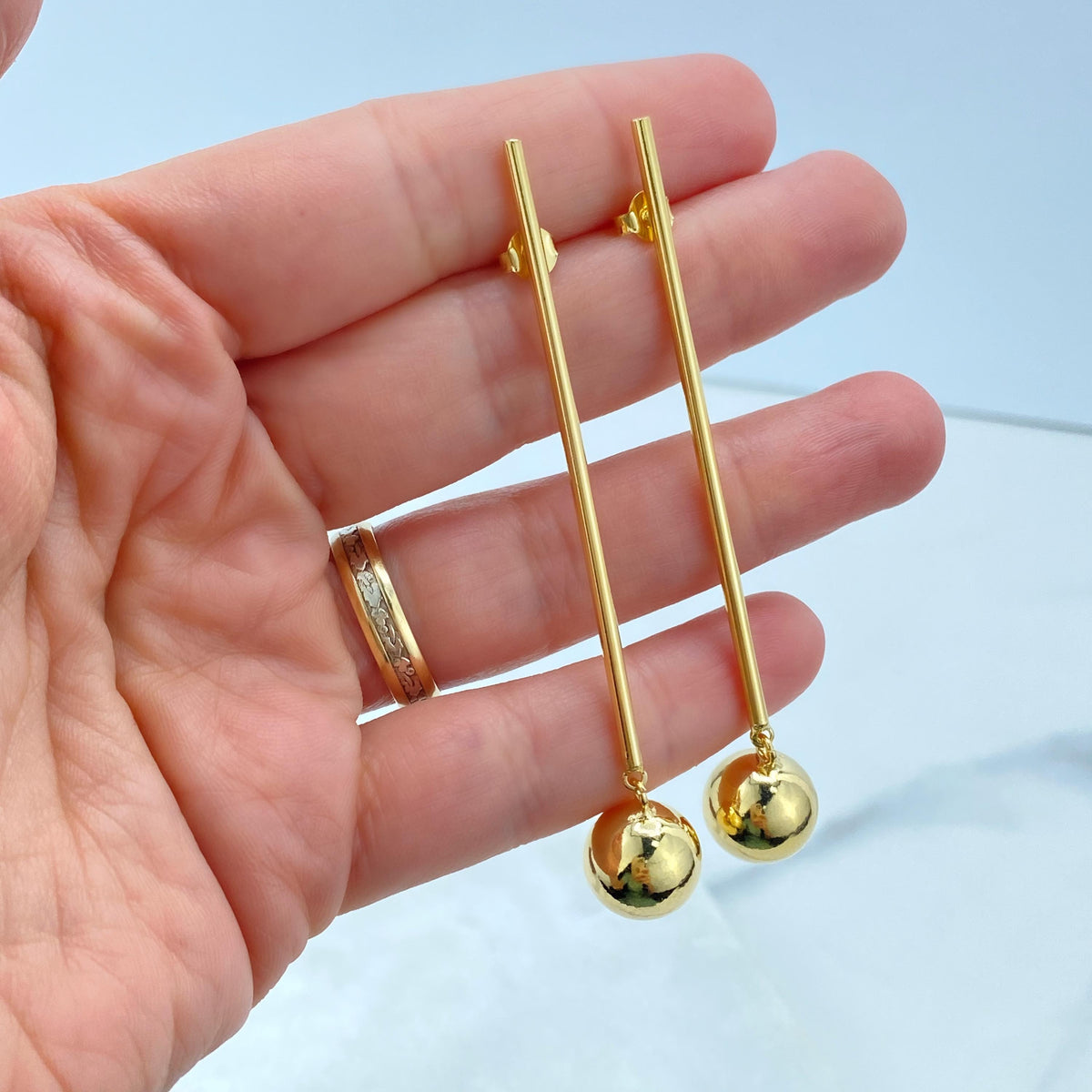 18K Gold Filled Stick & Drop Earrings, Gold Ball Dangle Earrings, Stick and Ball Drop Earrings, Wholesale Jewelry