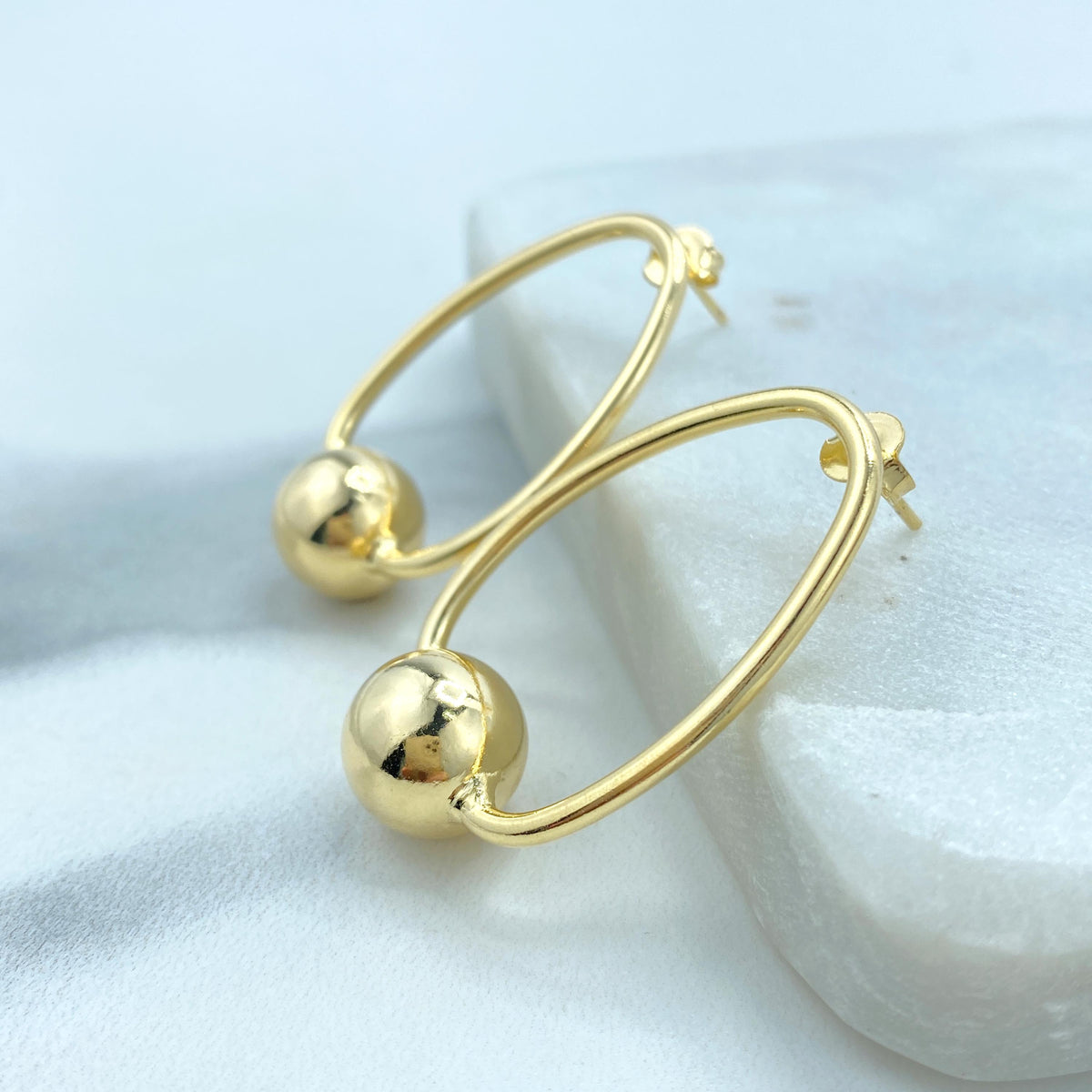 18K Gold Filled Oval Hoop Earrings Style with 12mm Gold Bead, Minimalist Hoop Earrings, Stud Ball Hoop, Fine Jewelry, Wholesale Jewelry