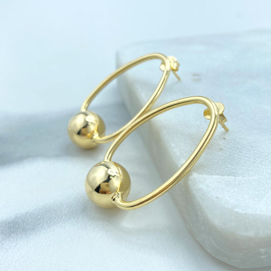 18K Gold Filled Oval Hoop Earrings Style with 12mm Gold Bead, Minimalist Hoop Earrings, Stud Ball Hoop, Fine Jewelry, Wholesale Jewelry