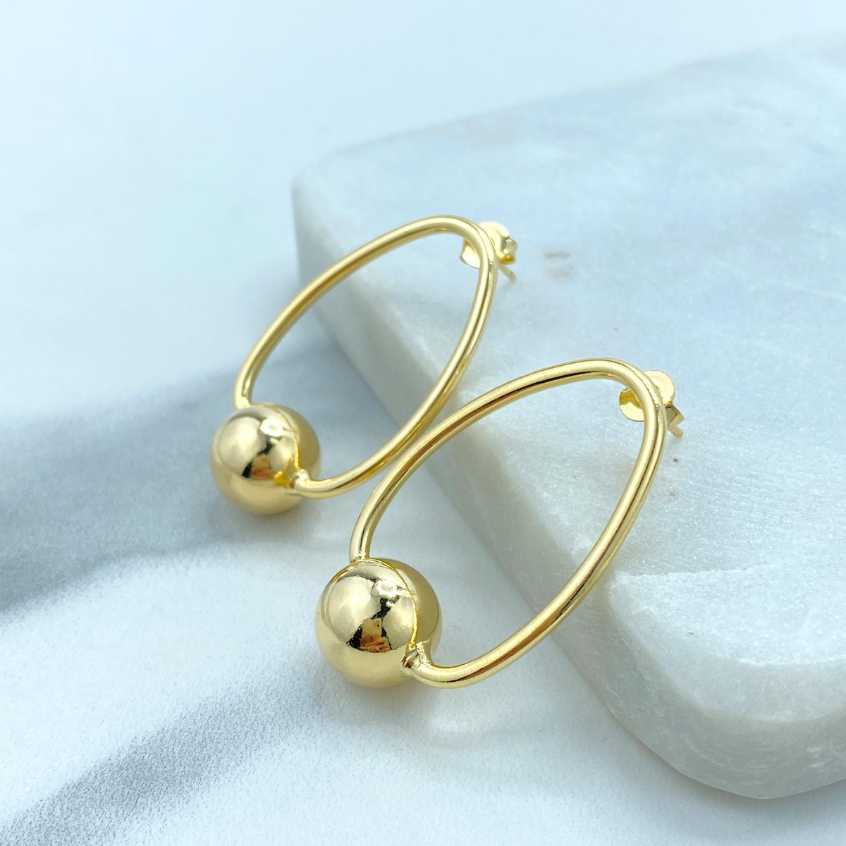 18K Gold Filled Oval Hoop Earrings Style with 12mm Gold Bead, Minimalist Hoop Earrings, Stud Ball Hoop, Fine Jewelry, Wholesale Jewelry