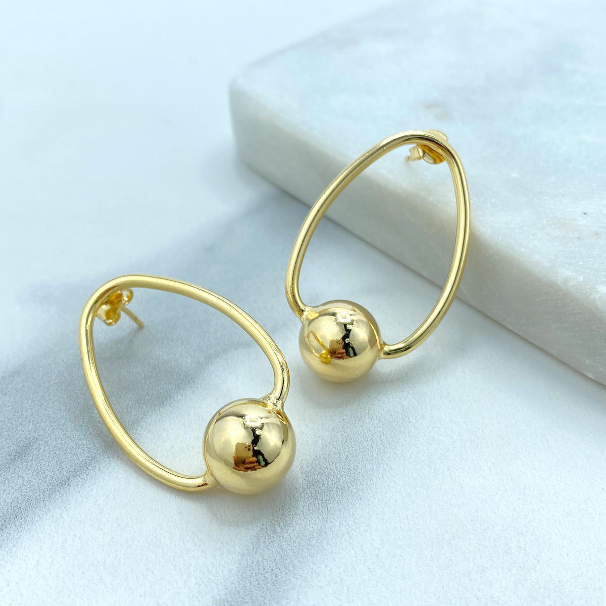 18K Gold Filled Oval Hoop Earrings Style with 12mm Gold Bead, Minimalist Hoop Earrings, Stud Ball Hoop, Fine Jewelry, Wholesale Jewelry