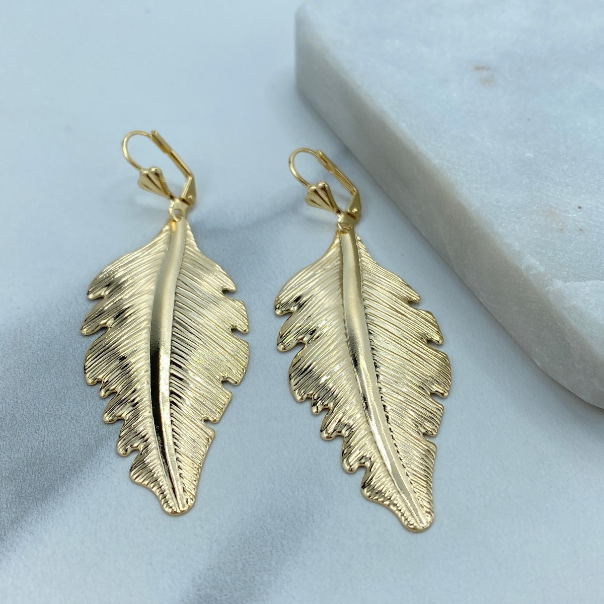 18K Gold Filled Textured Feather Leaf Drop Dangle Earrings, Dangly Boho Leaf and Feather Drop Earrings, Dangling Nature, Wholesale Jewelry