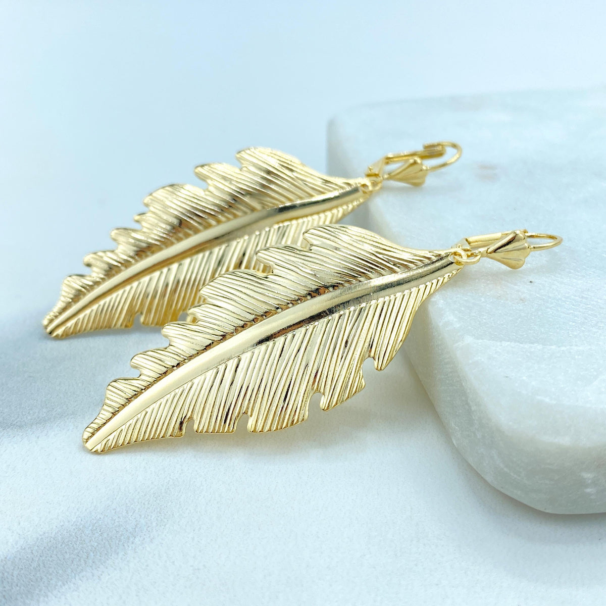 18K Gold Filled Textured Feather Leaf Drop Dangle Earrings, Dangly Boho Leaf and Feather Drop Earrings, Dangling Nature, Wholesale Jewelry