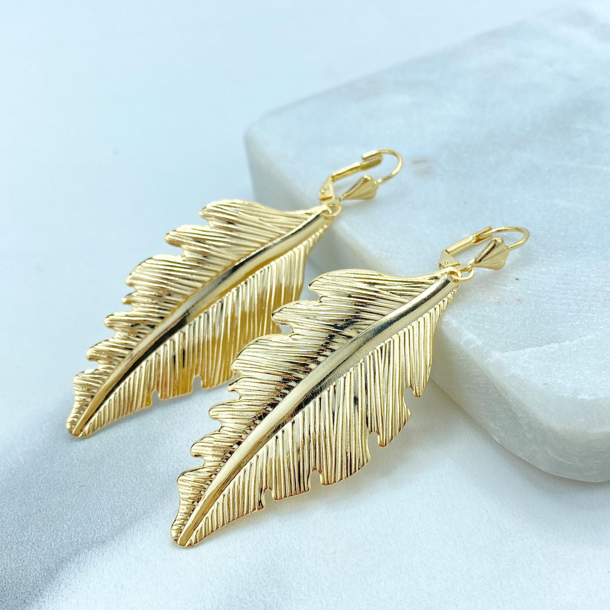 18K Gold Filled Textured Feather Leaf Drop Dangle Earrings, Dangly Boho Leaf and Feather Drop Earrings, Dangling Nature, Wholesale Jewelry