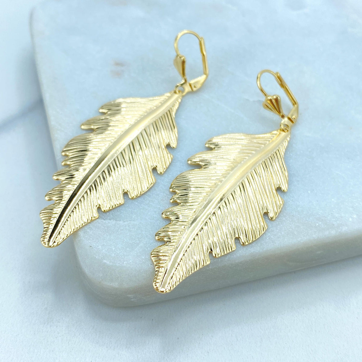18K Gold Filled Textured Feather Leaf Drop Dangle Earrings, Dangly Boho Leaf and Feather Drop Earrings, Dangling Nature, Wholesale Jewelry