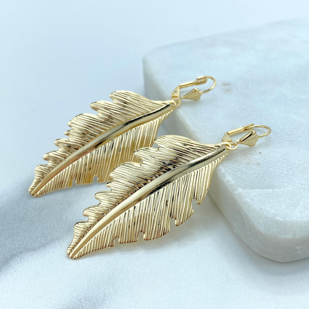 18K Gold Filled Textured Feather Leaf Drop Dangle Earrings, Dangly Boho Leaf and Feather Drop Earrings, Dangling Nature, Wholesale Jewelry