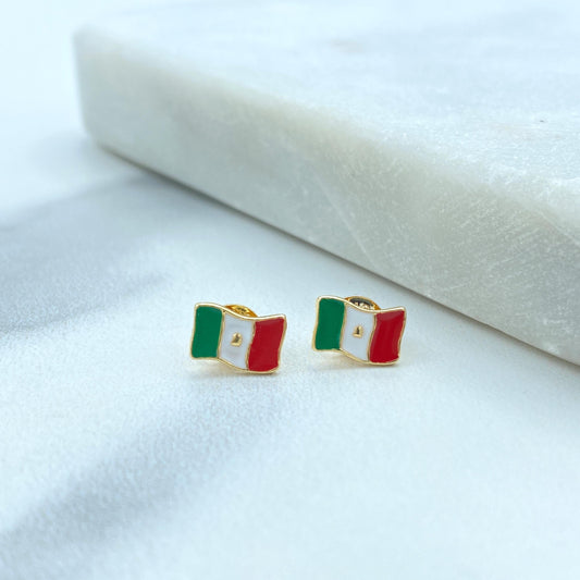 18K Gold Filled Mexican Flag Stud Earrings, Stud Earrings Mexican Flag Enamel Colorful, Patriot Earrings, Wholesale Jewelry