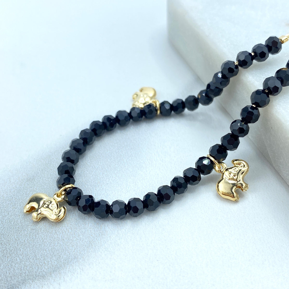 18k Gold Filled Beaded Adjustable Bracelet, Black Beads with Puffed Elephants Charms Adjustable Bracelet, Wholesale Jewelry