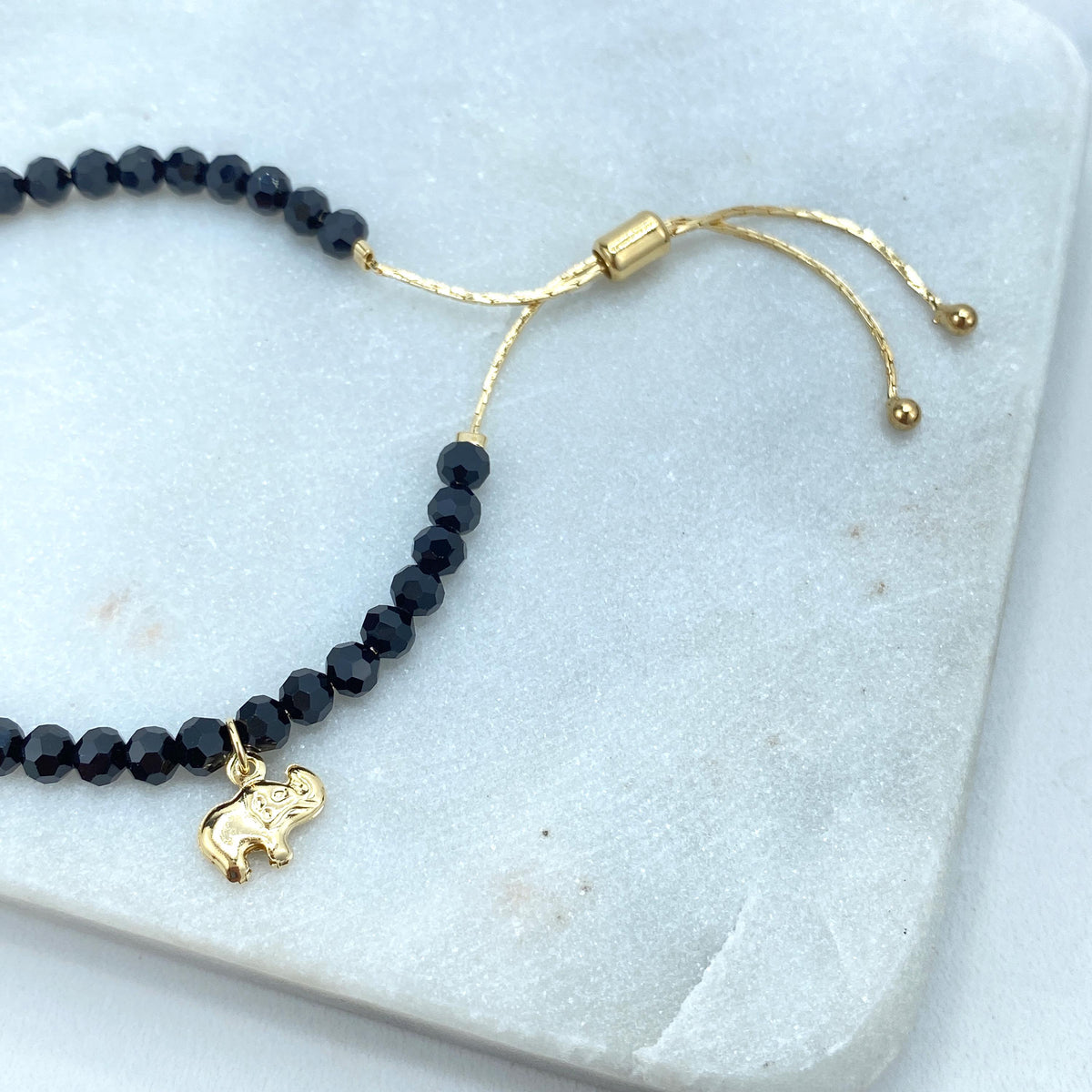 18k Gold Filled Beaded Adjustable Bracelet, Black Beads with Puffed Elephants Charms Adjustable Bracelet, Wholesale Jewelry