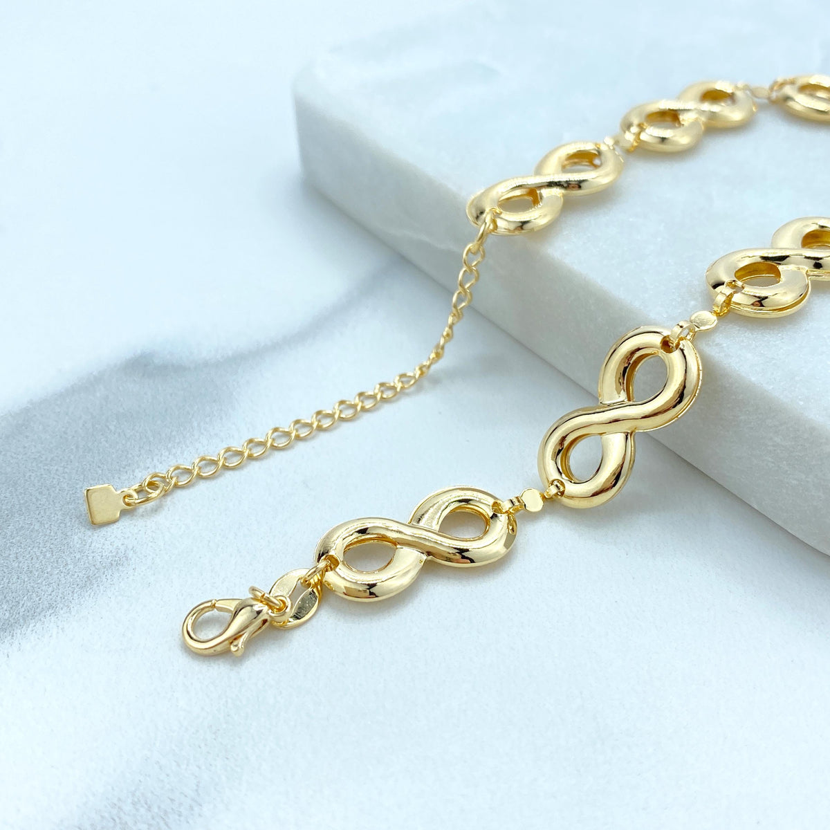 18k Gold Filled Linked Puffed Infinity Symbol (that move) Bracelet, 7 Inches Long with Extender, Infinity Bracelet, Wholesale Jewelry
