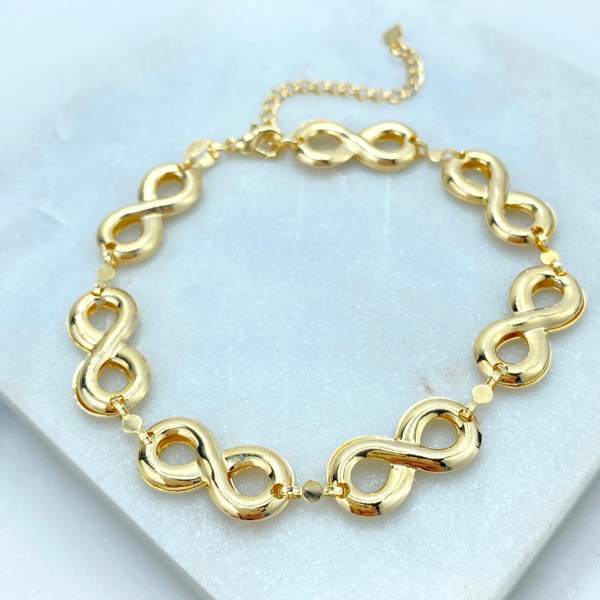 18k Gold Filled Linked Puffed Infinity Symbol (that move) Bracelet, 7 Inches Long with Extender, Infinity Bracelet, Wholesale Jewelry