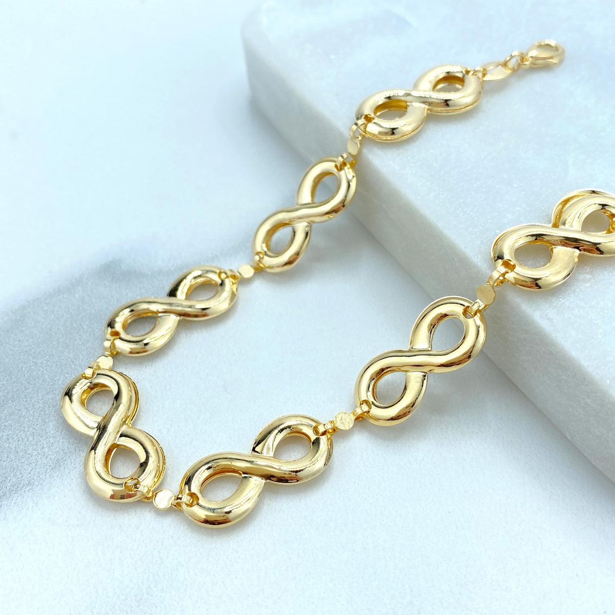 18k Gold Filled Linked Puffed Infinity Symbol (that move) Bracelet, 7 Inches Long with Extender, Infinity Bracelet, Wholesale Jewelry