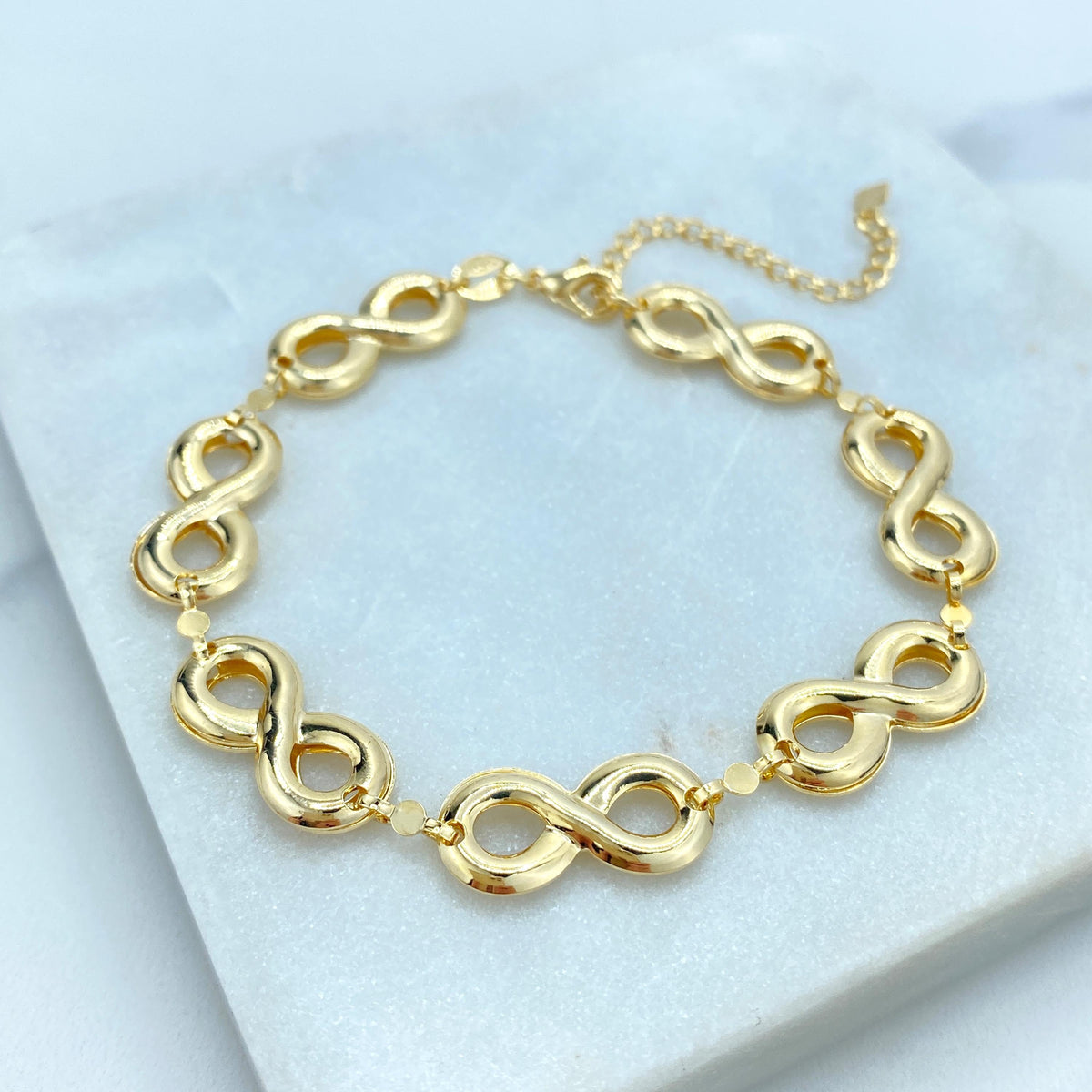 18k Gold Filled Linked Puffed Infinity Symbol (that move) Bracelet, 7 Inches Long with Extender, Infinity Bracelet, Wholesale Jewelry