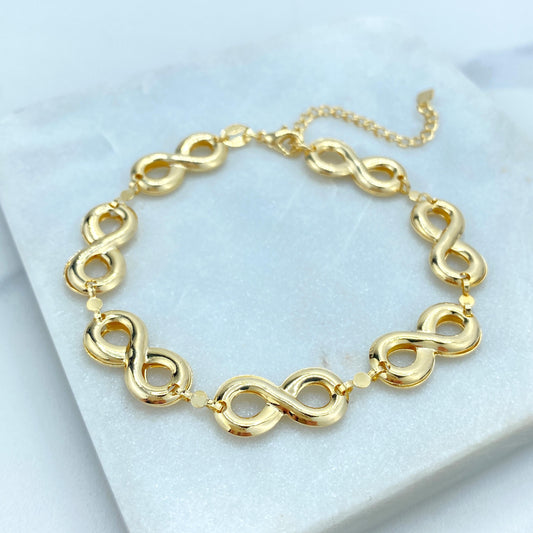 18k Gold Filled Linked Puffed Infinity Symbol (that move) Bracelet, 7 Inches Long with Extender, Infinity Bracelet, Wholesale Jewelry