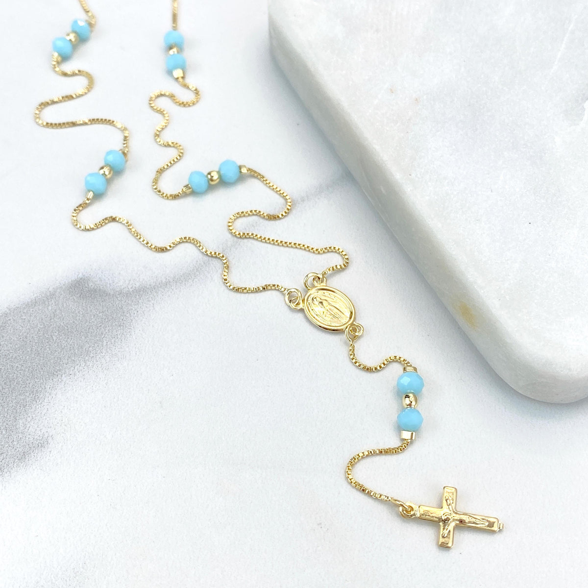 18k Gold Filled Pastel Colored Beads Rosary with Miraculous Virgin Charm, Christian Catholic Rosary, Pink, Blue, or Pearl, Wholesale Jewelry