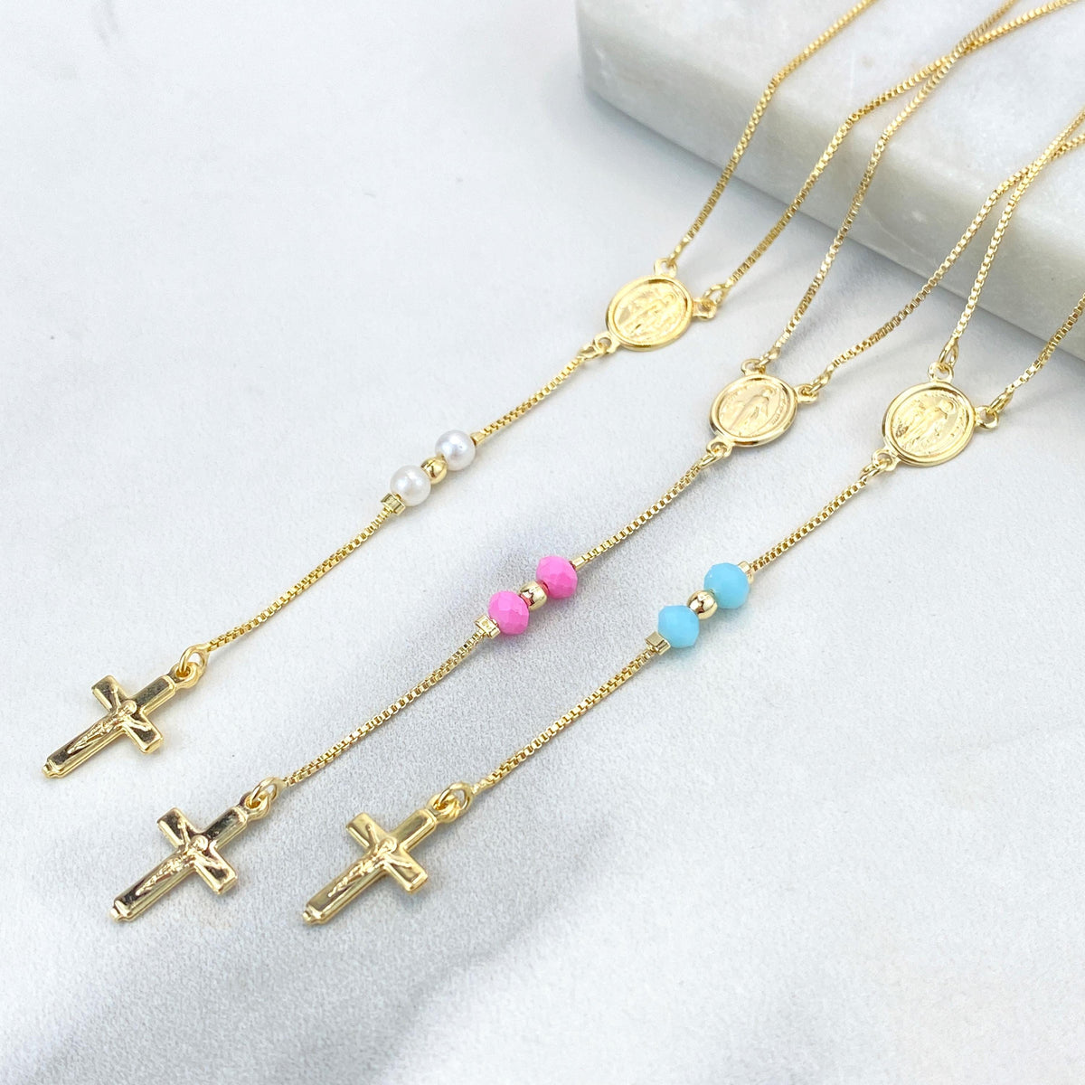 18k Gold Filled Pastel Colored Beads Rosary with Miraculous Virgin Charm, Christian Catholic Rosary, Pink, Blue, or Pearl, Wholesale Jewelry
