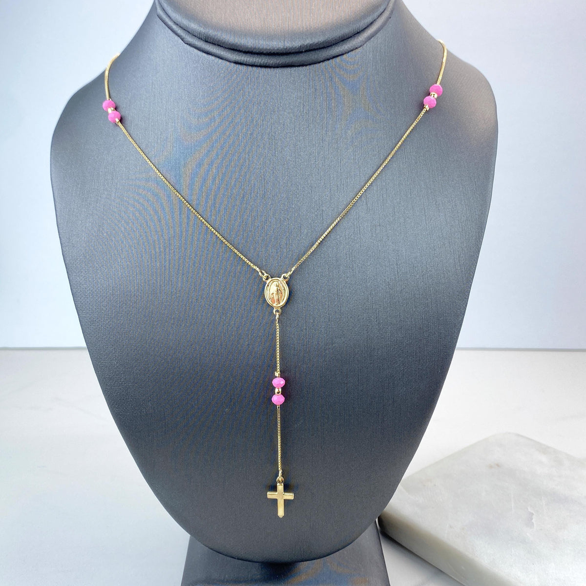 18k Gold Filled Pastel Colored Beads Rosary with Miraculous Virgin Charm, Christian Catholic Rosary, Pink, Blue, or Pearl, Wholesale Jewelry
