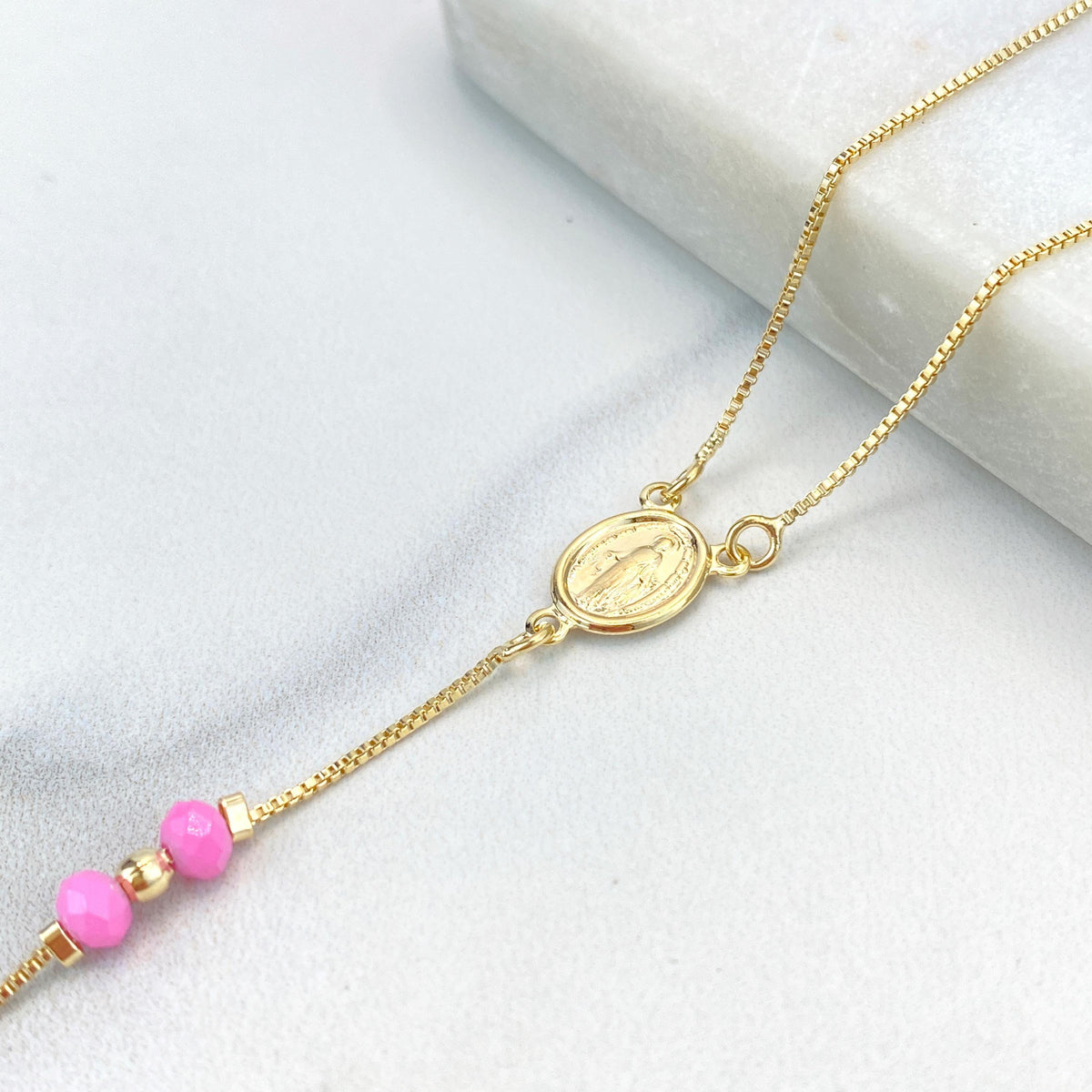 18k Gold Filled Pastel Colored Beads Rosary with Miraculous Virgin Charm, Christian Catholic Rosary, Pink, Blue, or Pearl, Wholesale Jewelry