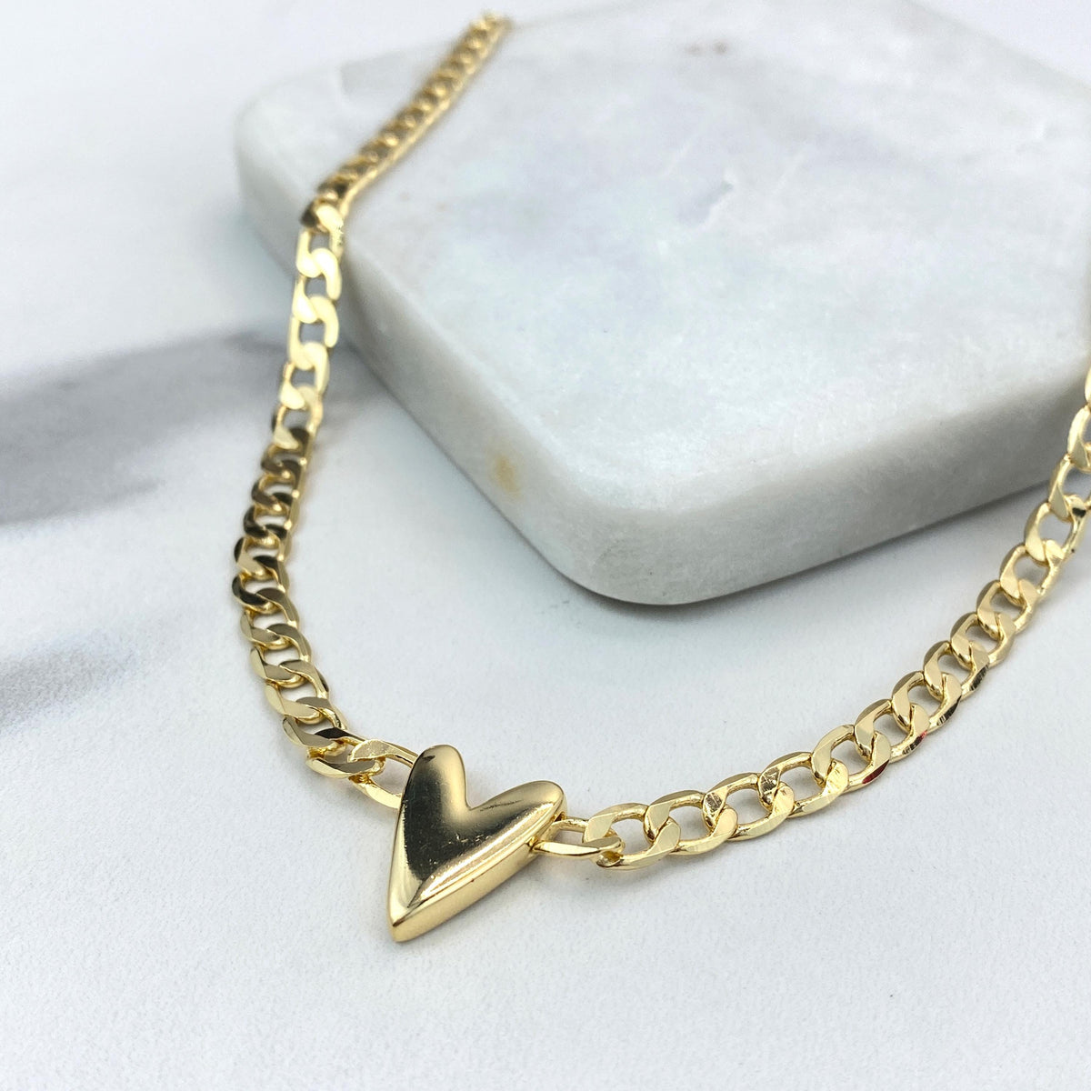 18k Gold Filled 5mm Flat Curb Link Chain Necklace with V-Heart Charm on Center, 18 Inches + Extender, Wholesale Jewelry