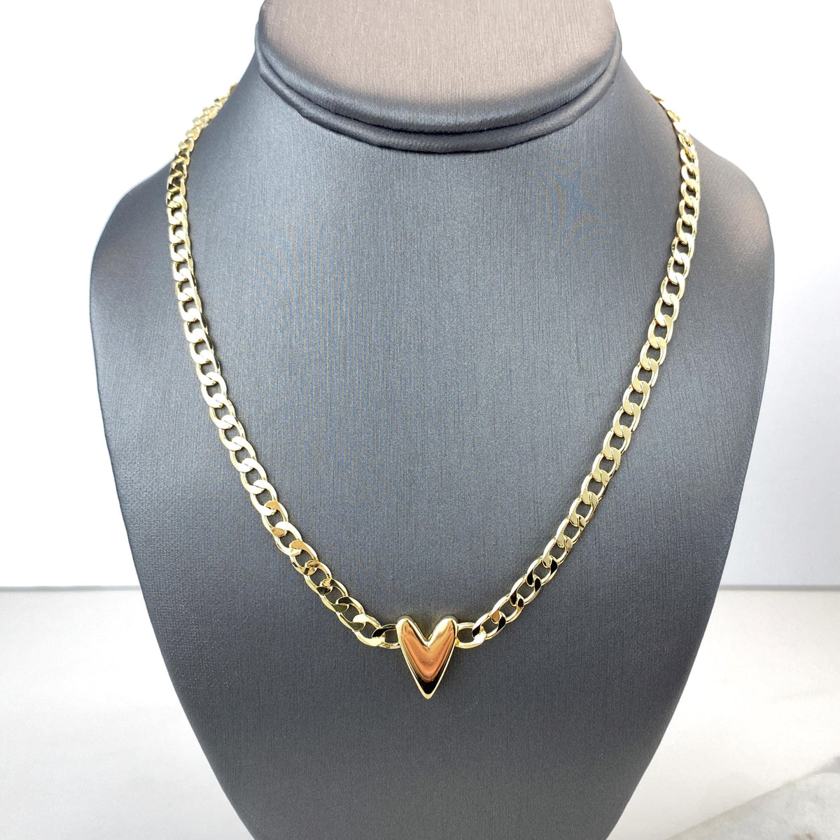 18k Gold Filled 5mm Flat Curb Link Chain Necklace with V-Heart Charm on Center, 18 Inches + Extender, Wholesale Jewelry