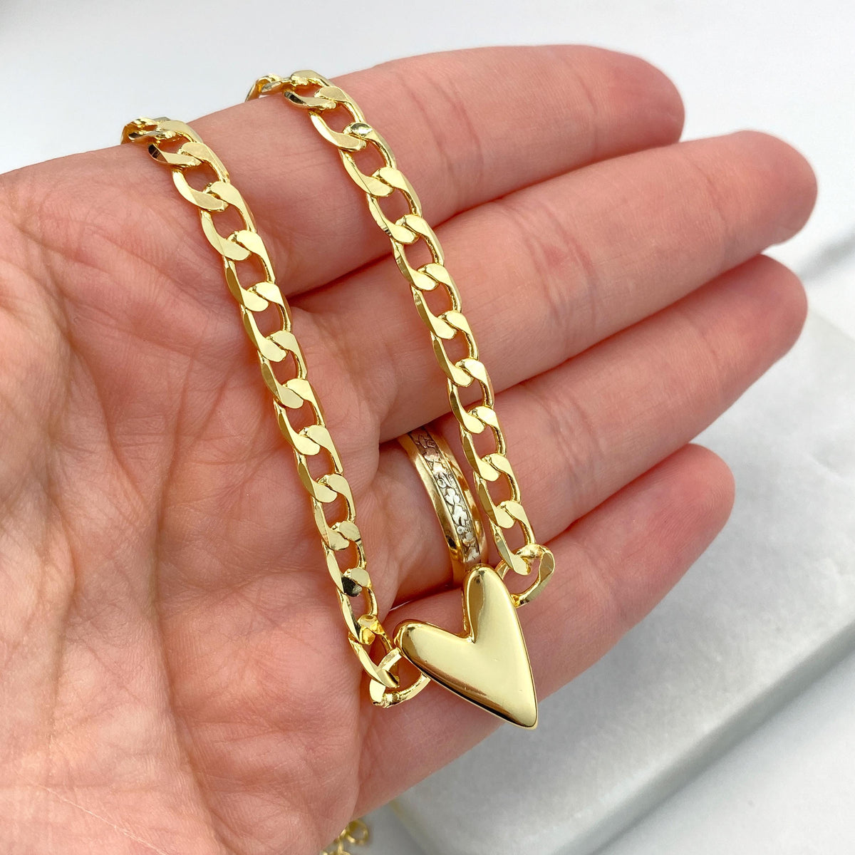 18k Gold Filled 5mm Flat Curb Link Chain Necklace with V-Heart Charm on Center, 18 Inches + Extender, Wholesale Jewelry