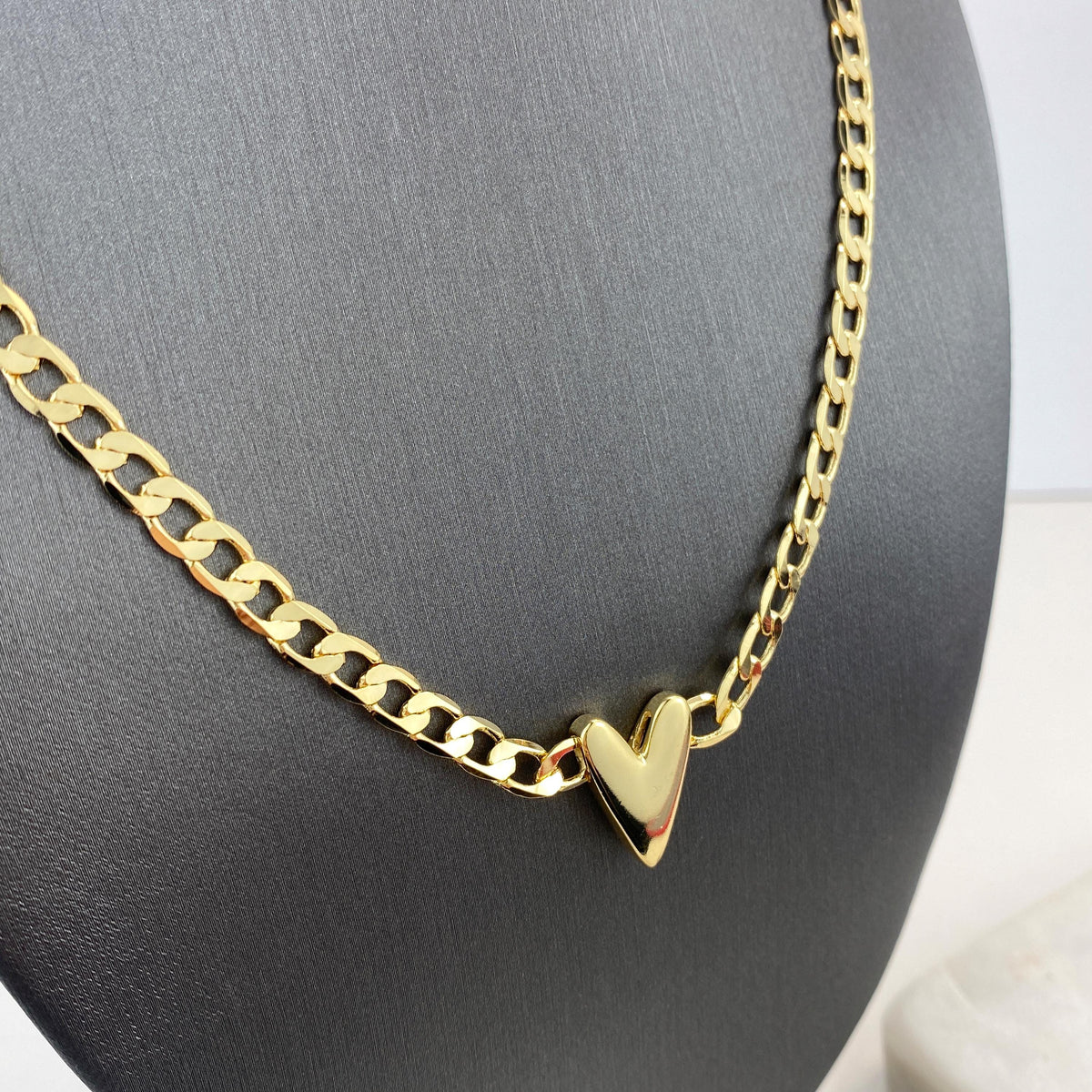 18k Gold Filled 5mm Flat Curb Link Chain Necklace with V-Heart Charm on Center, 18 Inches + Extender, Wholesale Jewelry