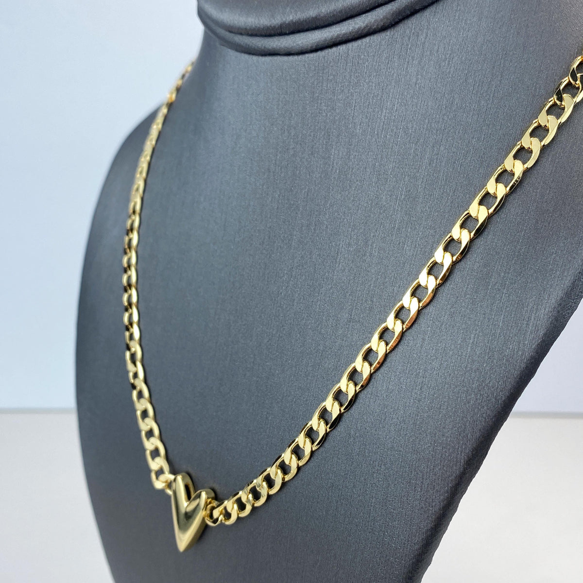 18k Gold Filled 5mm Flat Curb Link Chain Necklace with V-Heart Charm on Center, 18 Inches + Extender, Wholesale Jewelry