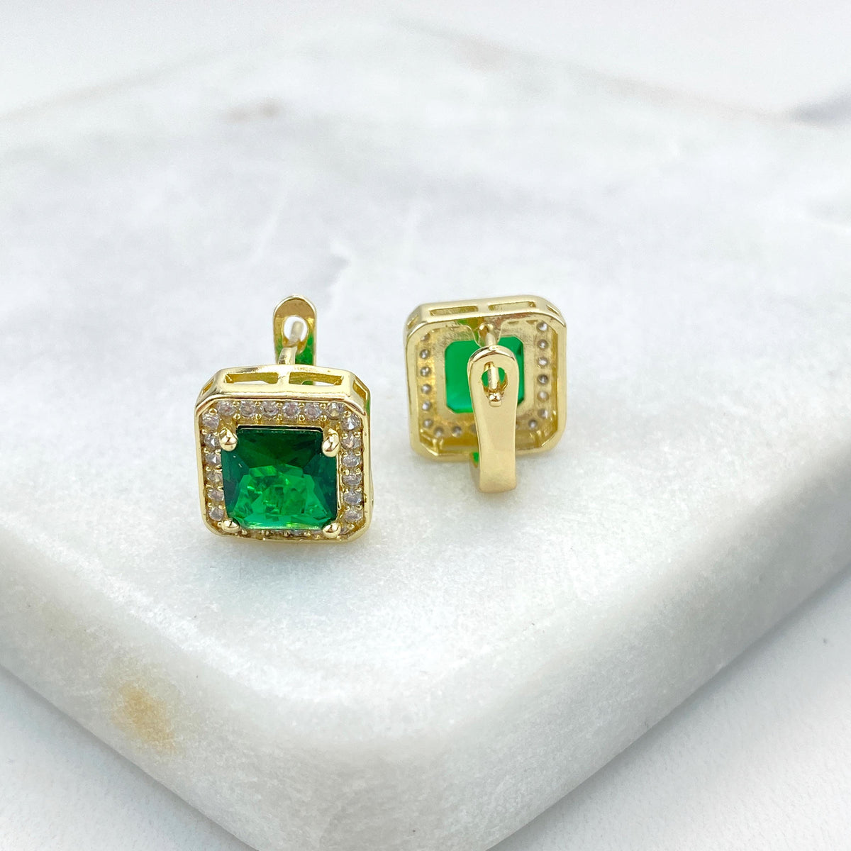 18k Gold Filled Halo Square Leverback Earrings featuring Green Cubic Zirconia and White Micro Pave, Elegant and Timeless, Wholesale Jewelry