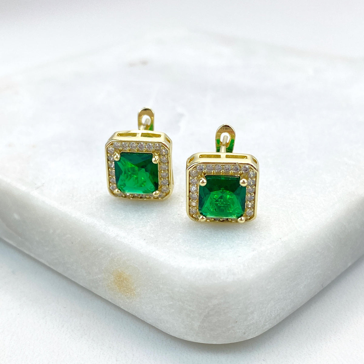 18k Gold Filled Halo Square Leverback Earrings featuring Green Cubic Zirconia and White Micro Pave, Elegant and Timeless, Wholesale Jewelry