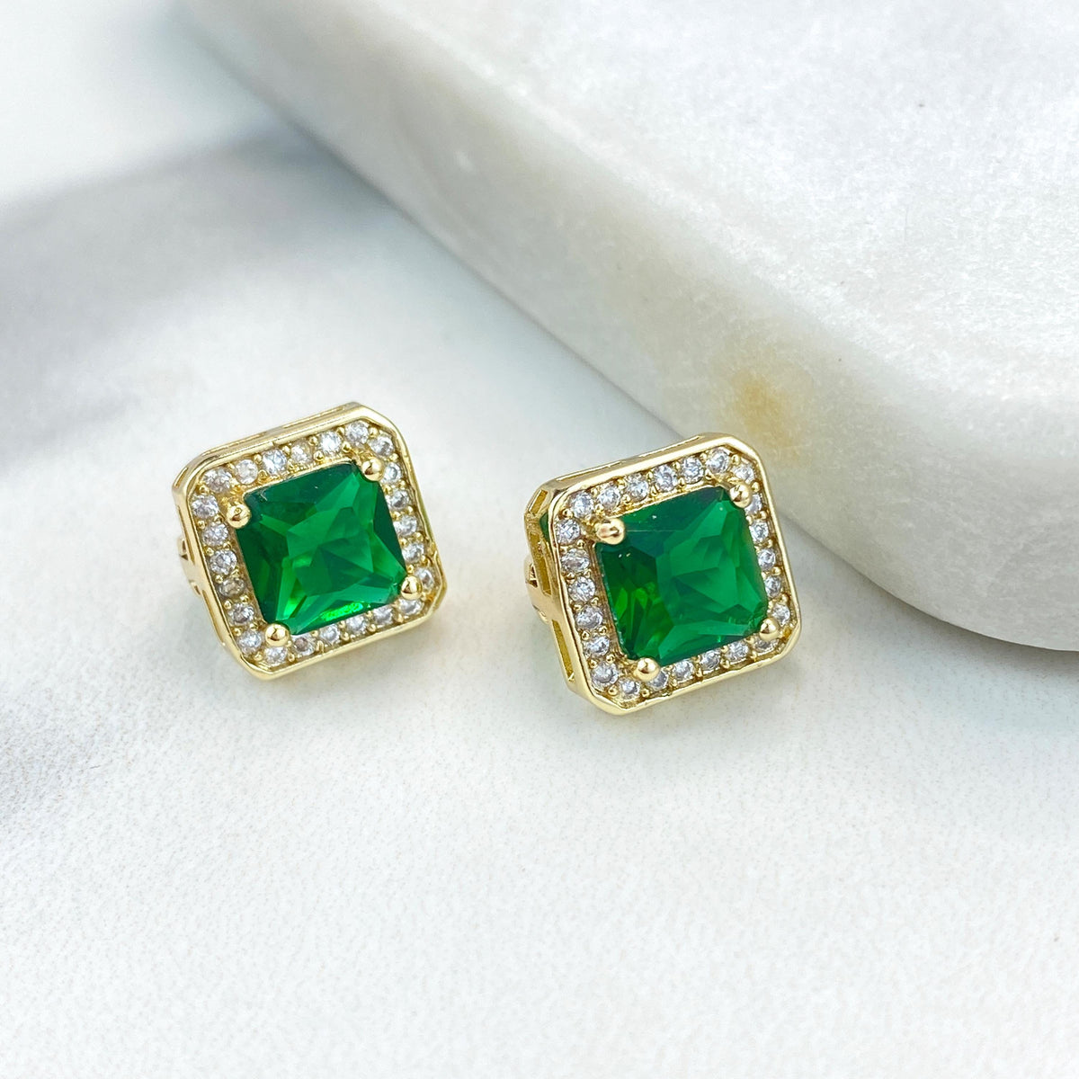 18k Gold Filled Halo Square Leverback Earrings featuring Green Cubic Zirconia and White Micro Pave, Elegant and Timeless, Wholesale Jewelry