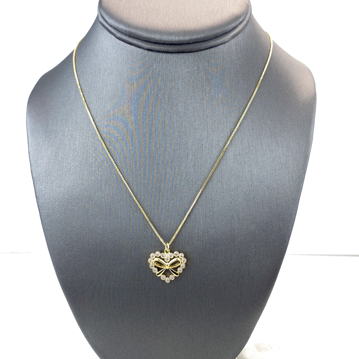 18k Gold Filled Box Chain Necklace with Heart Shape & Ribbon Knot Charm featuring Cubic Zirconia, 17 Inches + Extender, Wholesale Jewelry
