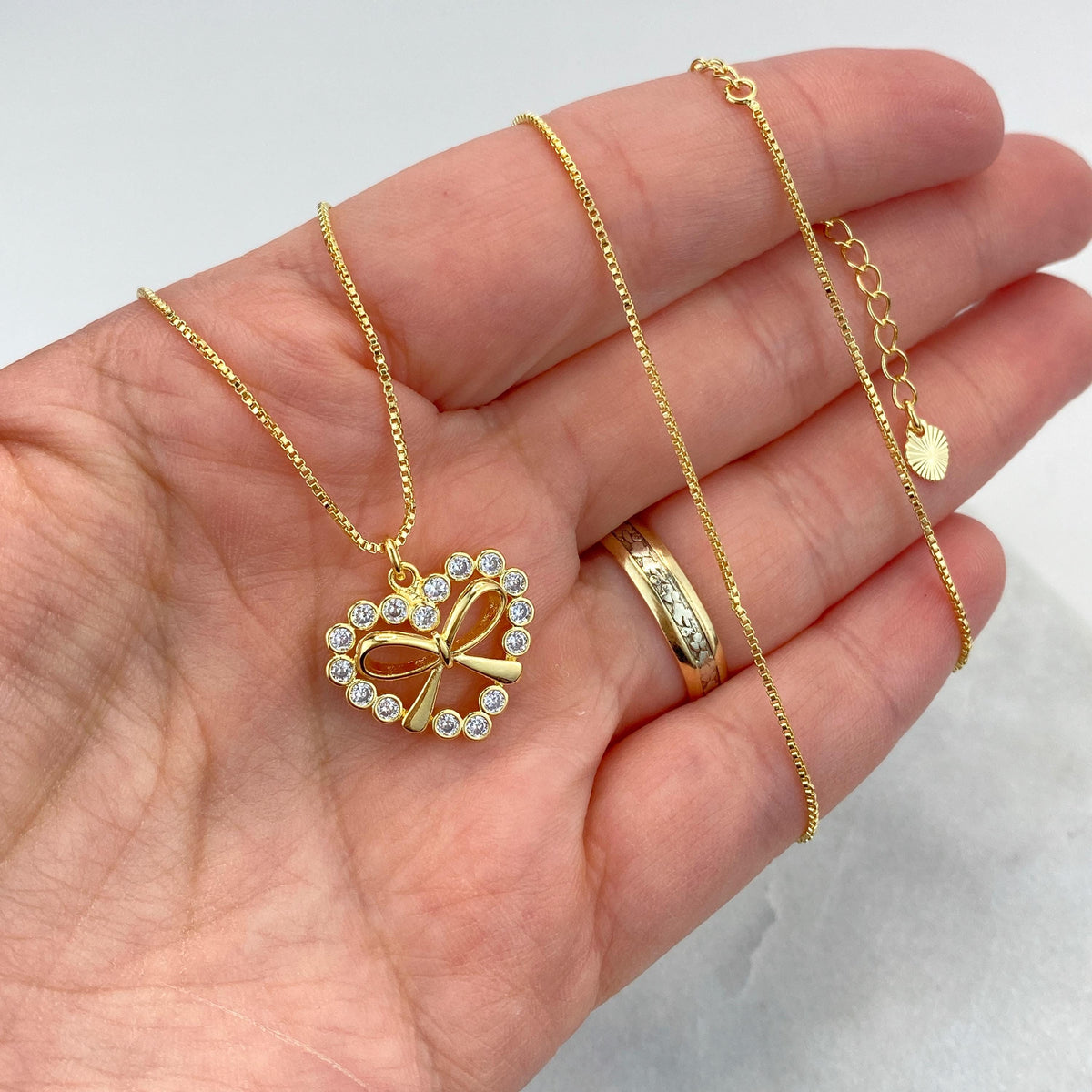 18k Gold Filled Box Chain Necklace with Heart Shape & Ribbon Knot Charm featuring Cubic Zirconia, 17 Inches + Extender, Wholesale Jewelry