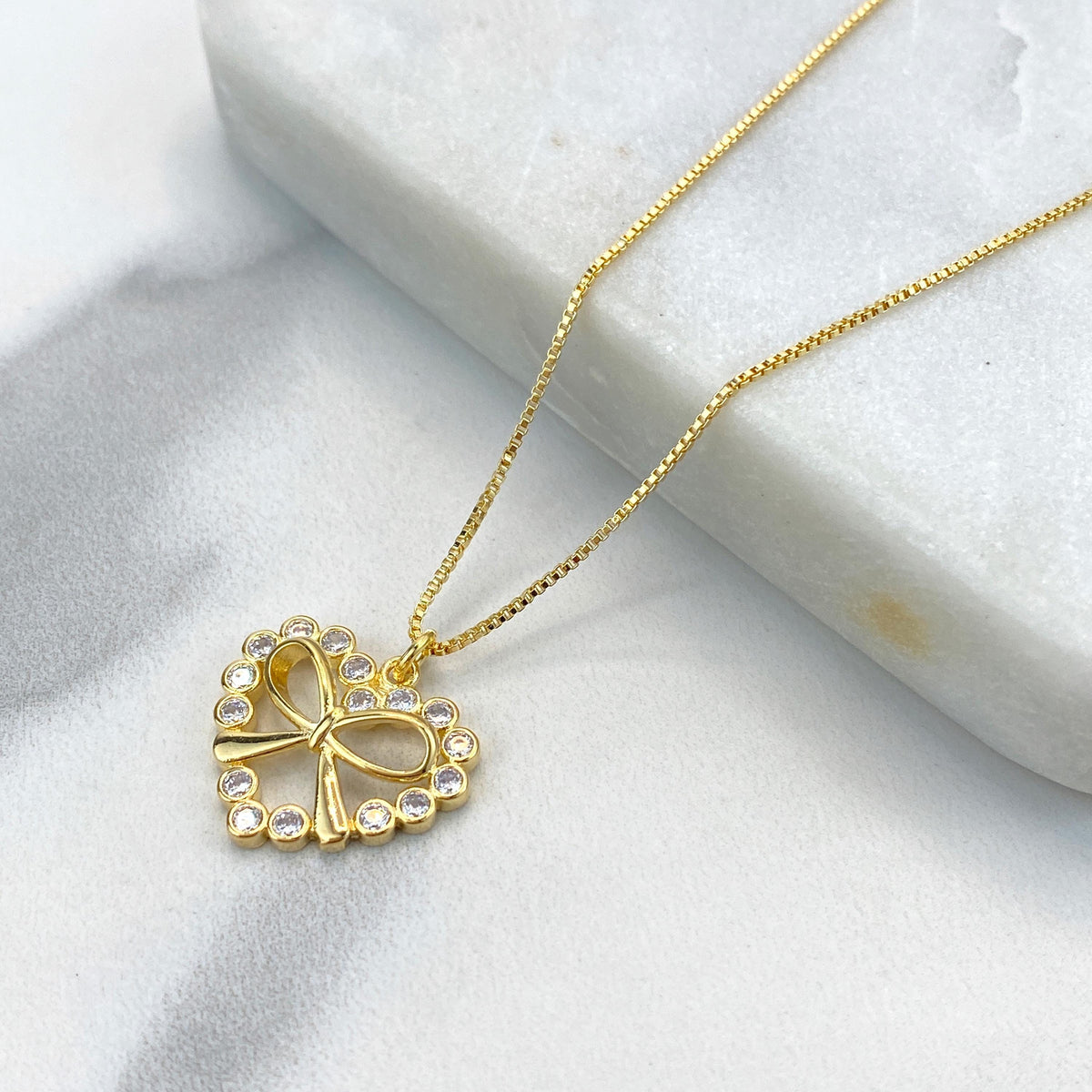 18k Gold Filled Box Chain Necklace with Heart Shape & Ribbon Knot Charm featuring Cubic Zirconia, 17 Inches + Extender, Wholesale Jewelry