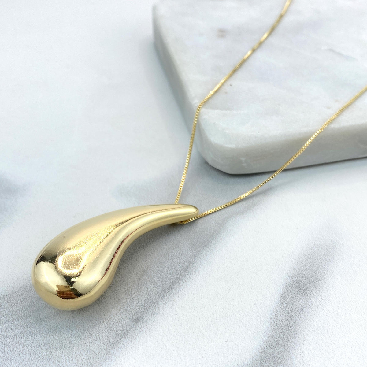 18k Gold Filled 49mm Teardrop Charm Necklace, with 18 Inches Box Chain, Chunky Drop Shape Necklace, Wholesale Jewelry