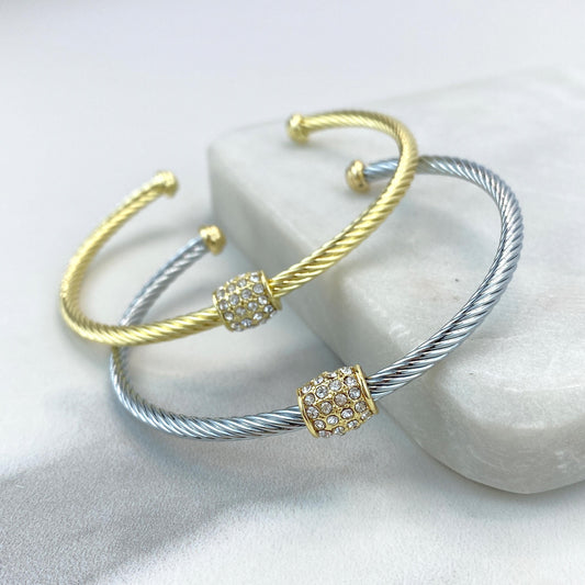 18k Gold Filled or Silver Filled Cable Cuff Bracelets with Charm featuring Micro Pave Cubic Zirconia, Adjustable Bracelet, Wholesale Jewelry