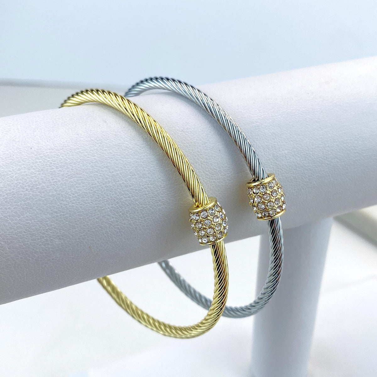 18k Gold Filled or Silver Filled Cable Cuff Bracelets with Charm featuring Micro Pave Cubic Zirconia, Adjustable Bracelet, Wholesale Jewelry
