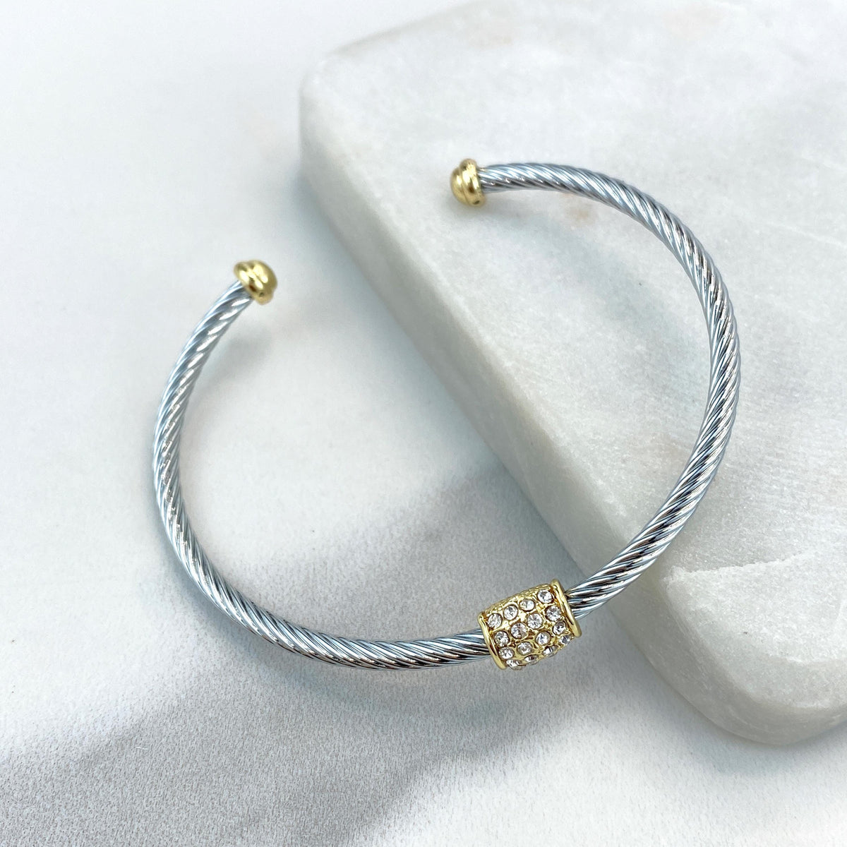 18k Gold Filled or Silver Filled Cable Cuff Bracelets with Charm featuring Micro Pave Cubic Zirconia, Adjustable Bracelet, Wholesale Jewelry