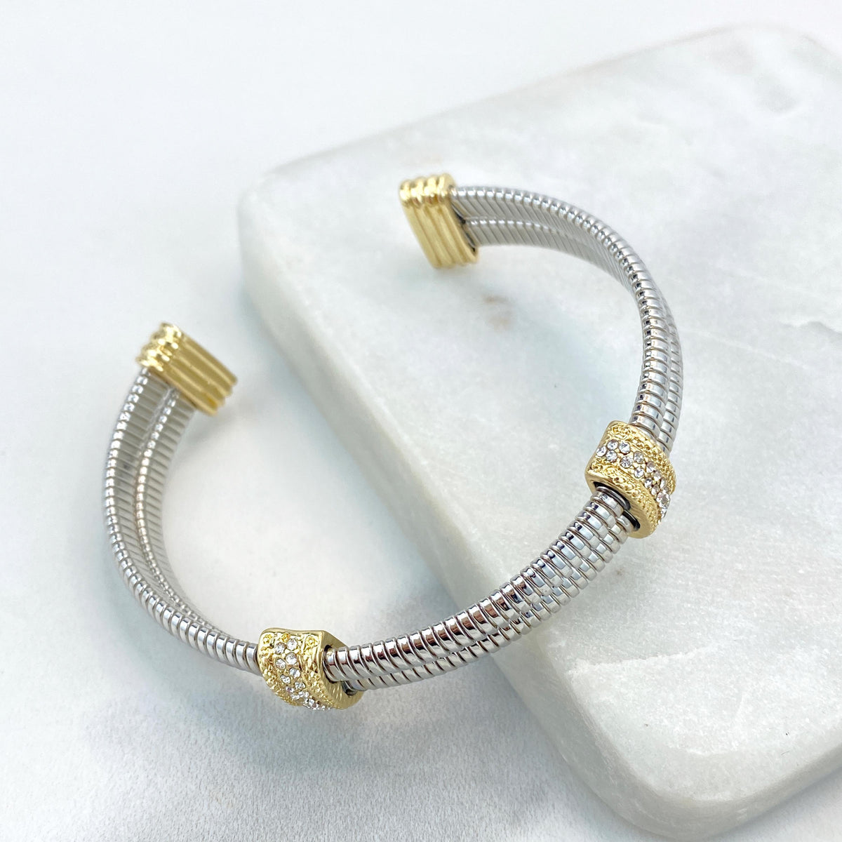 18k Gold Filled and Silver Filled Cable Cuff Bracelets, Lines, Cubic Zirconia Large Charms, Double Cubic Zirconia Charm, Wholesale Jewelry