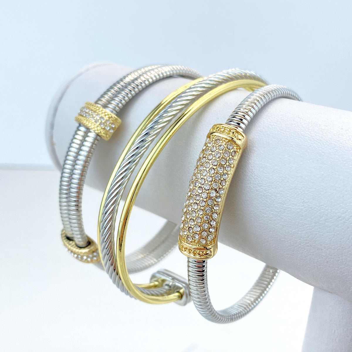 18k Gold Filled and Silver Filled Cable Cuff Bracelets, Lines, Cubic Zirconia Large Charms, Double Cubic Zirconia Charm, Wholesale Jewelry