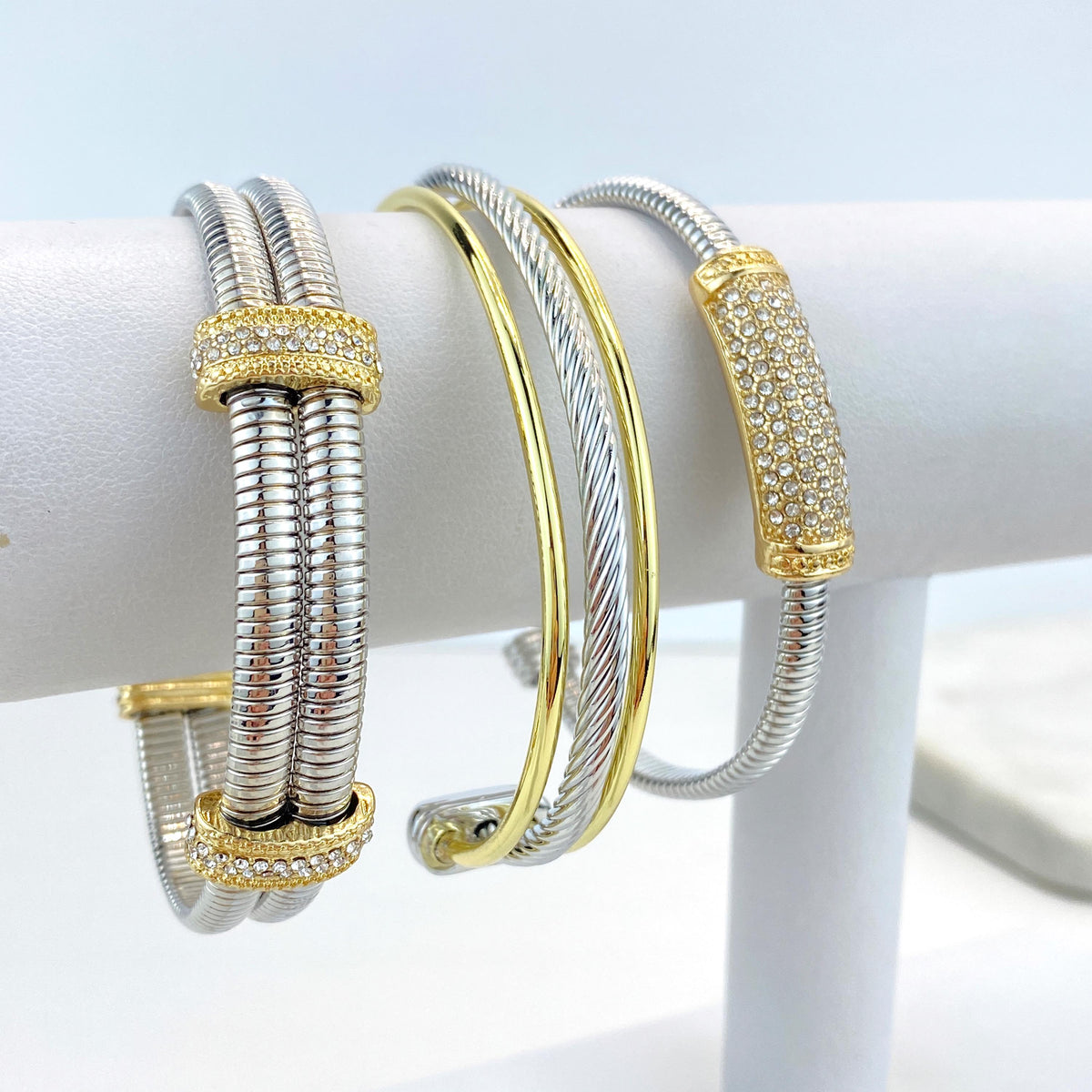 18k Gold Filled and Silver Filled Cable Cuff Bracelets, Lines, Cubic Zirconia Large Charms, Double Cubic Zirconia Charm, Wholesale Jewelry