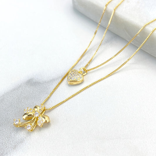 18k Gold Filled Double Necklace with Heart & Ribbon Bow Charm featuring Micro Pave, 17 inches and 19 Inches Long, Wholesale Jewelry