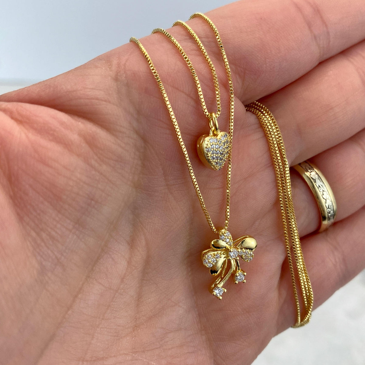18k Gold Filled Double Necklace with Heart & Ribbon Bow Charm featuring Micro Pave, 17 inches and 19 Inches Long, Wholesale Jewelry