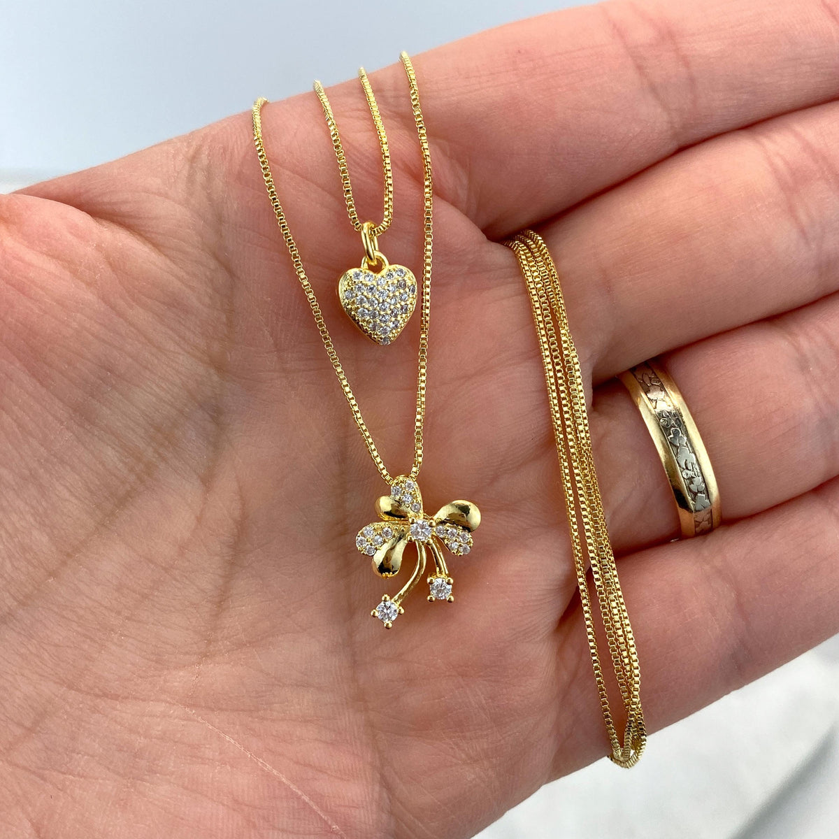 18k Gold Filled Double Necklace with Heart & Ribbon Bow Charm featuring Micro Pave, 17 inches and 19 Inches Long, Wholesale Jewelry