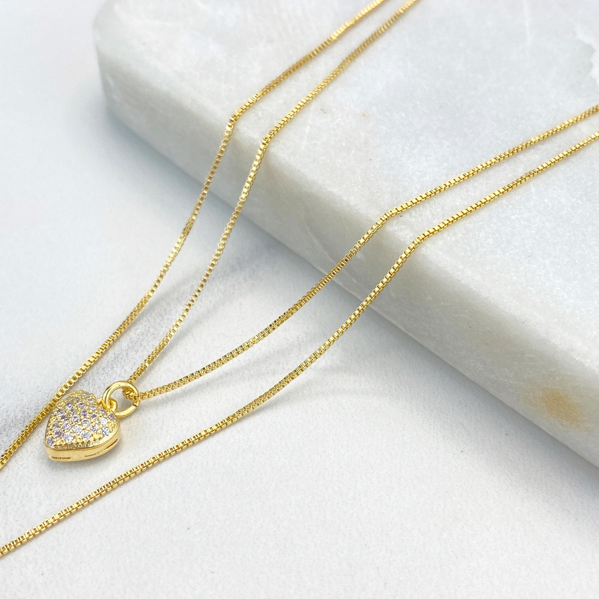 18k Gold Filled Double Necklace with Heart & Ribbon Bow Charm featuring Micro Pave, 17 inches and 19 Inches Long, Wholesale Jewelry