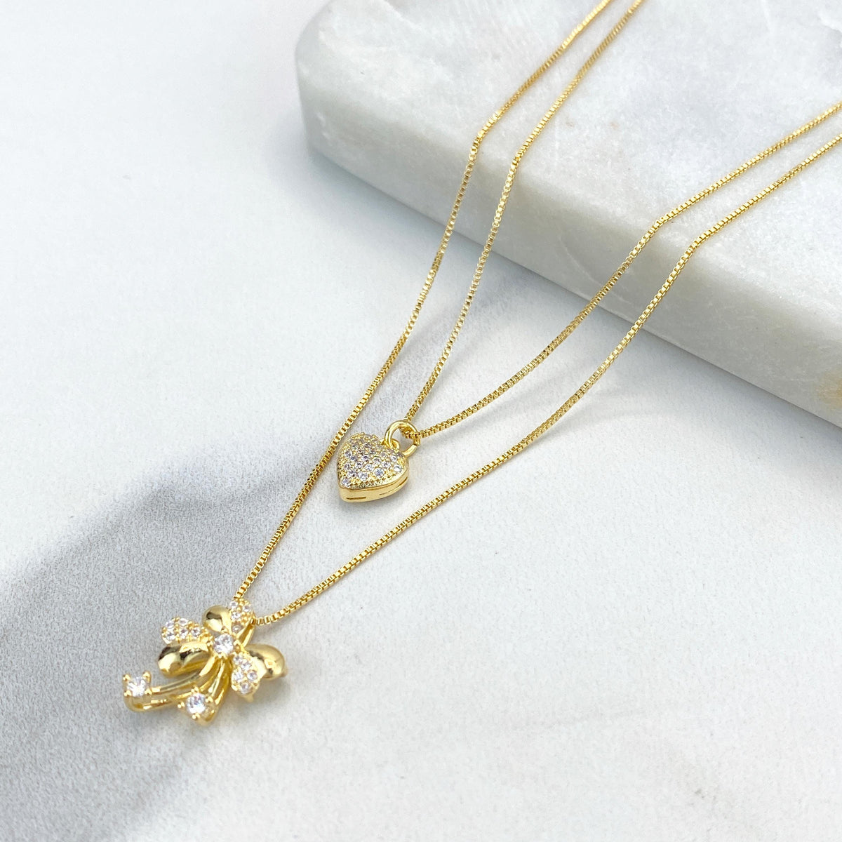 18k Gold Filled Double Necklace with Heart & Ribbon Bow Charm featuring Micro Pave, 17 inches and 19 Inches Long, Wholesale Jewelry