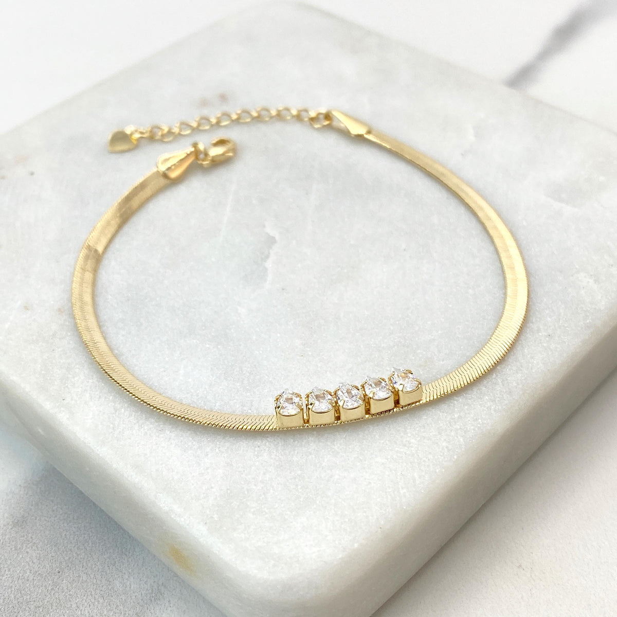 18k Gold Filled 3mm Herringbone Snake Chain with White Cubic Zirconia Details, Necklace or Bracelet with Extender, Wholesale Jewelry