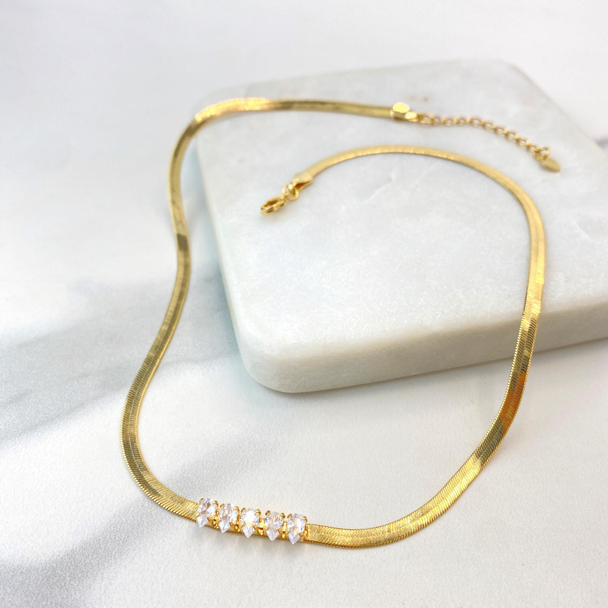18k Gold Filled 3mm Herringbone Snake Chain with White Cubic Zirconia Details, Necklace or Bracelet with Extender, Wholesale Jewelry