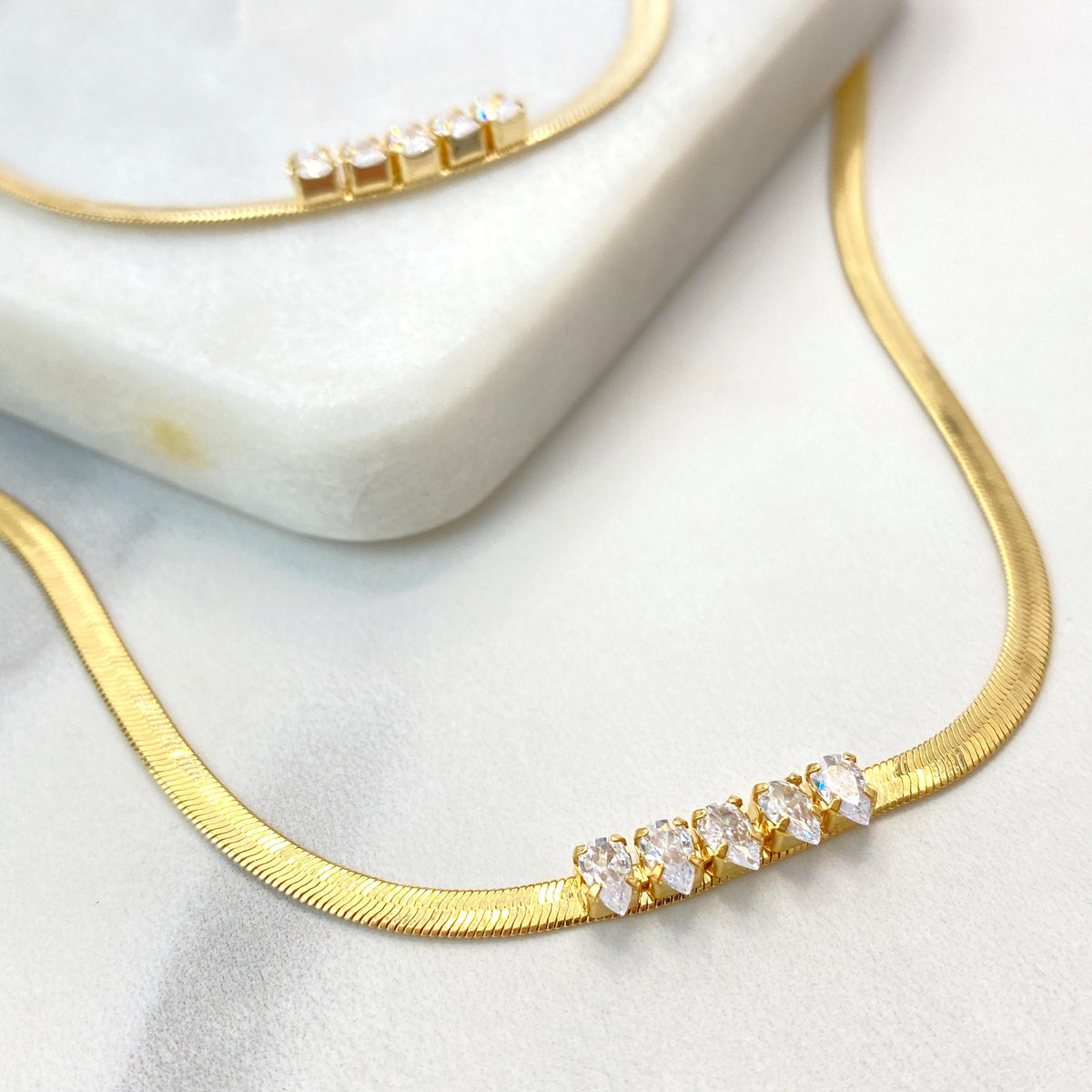 18k Gold Filled 3mm Herringbone Snake Chain with White Cubic Zirconia Details, Necklace or Bracelet with Extender, Wholesale Jewelry