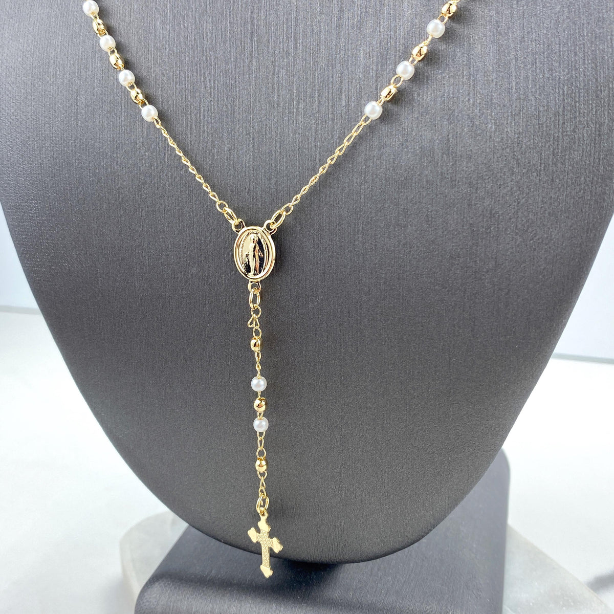 18k Gold Filled Simulated Pearls and Gold Beads Rosary with Miraculous Virgin Charm, Christian Catholic Rosary, Wholesale Jewelry